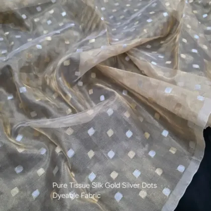 KashiFab Gold Silver Dot Tissue Silk Fabric - Dyeable Banarasi Metallic Metre