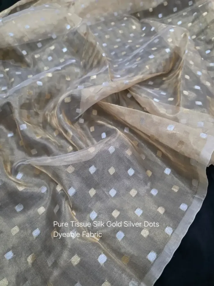 KashiFab Gold Silver Dot Tissue Silk Fabric - Dyeable Banarasi Metallic Metre