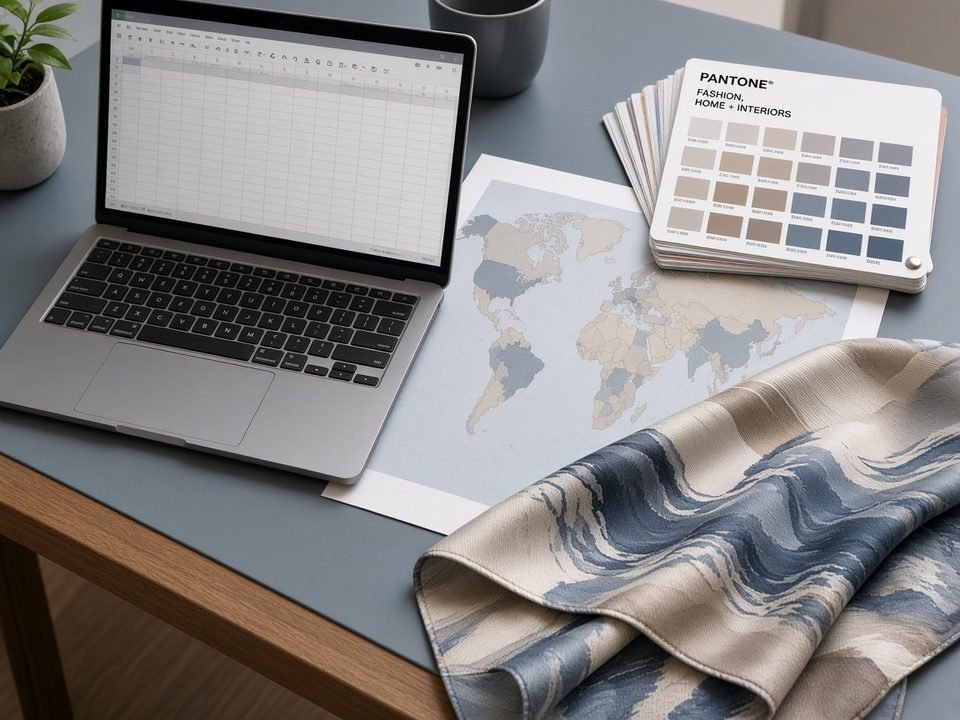 KashiFab overseas buyer brief desk - Pantone chips, silk fold, and destination notes