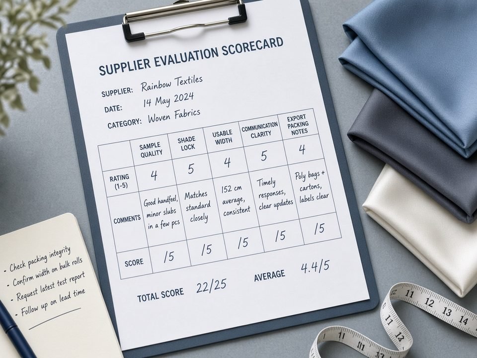 KashiFab supplier diligence scorecard with fabric swatches and measurements