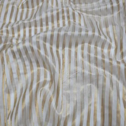KashiFab Cream Gold Equal Stripe Banarasi Tissue Silk Fabric - Metallic Metre