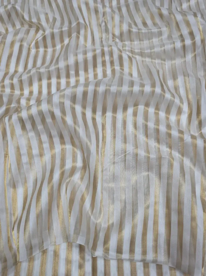 KashiFab Cream Gold Equal Stripe Banarasi Tissue Silk Fabric - Metallic Metre