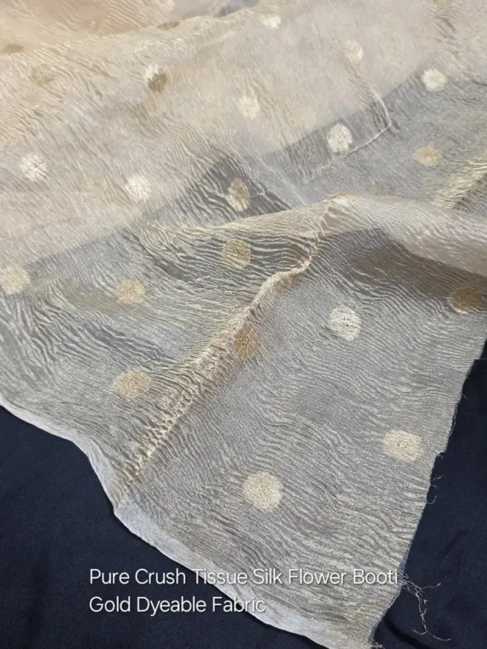 KashiFab Gold Crush Banarasi Tissue Silk Fabric - Flower Booti Dyeable Metre