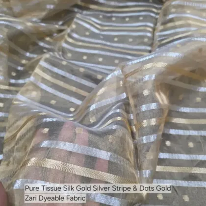 KashiFab Gold Silver Stripe Dot Banarasi Tissue Silk - Dyeable Metallic Fabric