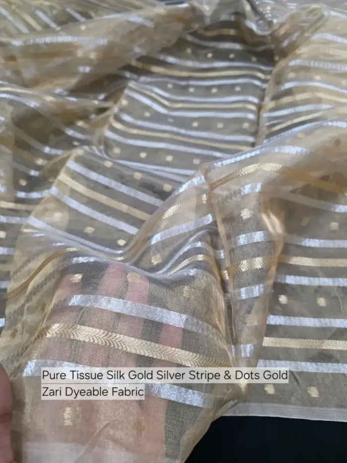 Gold Silver Stripe Dot Banarasi Tissue Silk - Dyeable Metallic Fabric KashiFab Gold Silver Stripe Dot Banarasi Tissue Silk - Dyeable Metallic Fabric
