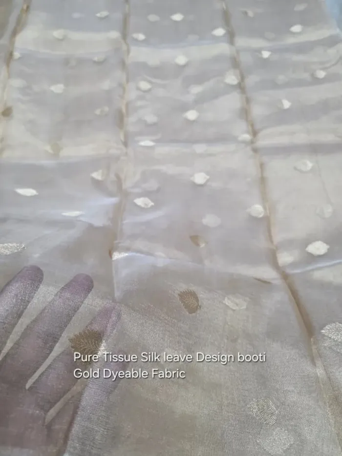 Gold Leaf Booti Banarasi Tissue Silk Fabric - Dyeable Metallic Metre KashiFab Gold Leaf Booti Banarasi Tissue Silk Fabric - Dyeable Metallic Metre