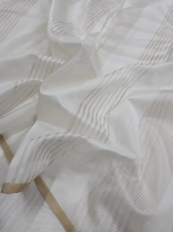 KashiFab Champagne Stripe Banarasi Tissue Silk Fabric - Metallic Zari Border Metre