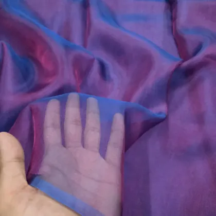 KashiFab Iridescent Purple Blue Banarasi Tissue Silk Fabric - Metallic Zari Metre