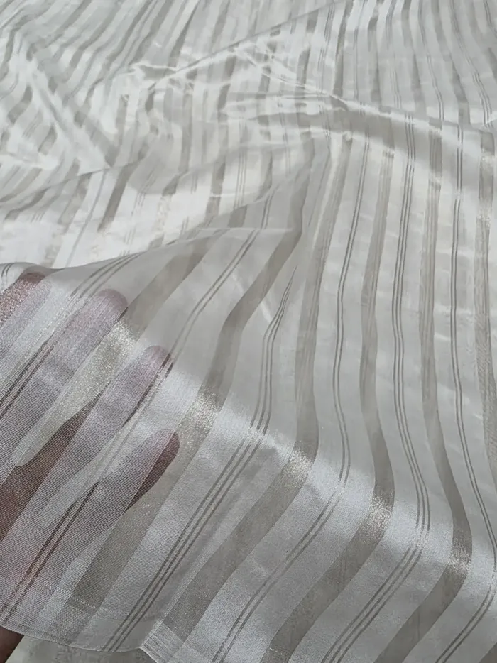 KashiFab Ivory Metallic Stripe Banarasi Tissue Silk Fabric - Sheer Zari Metre