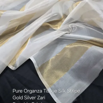 KashiFab Gold Silver Stripe Organza Tissue Silk Fabric - Dyeable Banarasi Metre