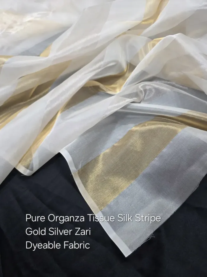 Gold Silver Stripe Organza Tissue Silk Fabric - Dyeable Banarasi Metre KashiFab Gold Silver Stripe Organza Tissue Silk Fabric - Dyeable Banarasi Metre