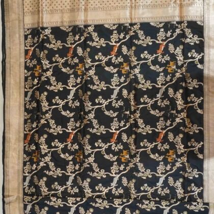 KashiFab Midnight Black Shikargah Banarasi silk saree online - authentic Varanasi weave