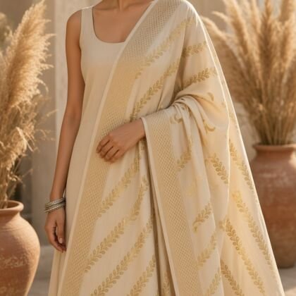 KashiFab Mustard Gold Banarasi Silk Dupatta on model - authentic Varanasi Banarasi silk dupatta boho drape