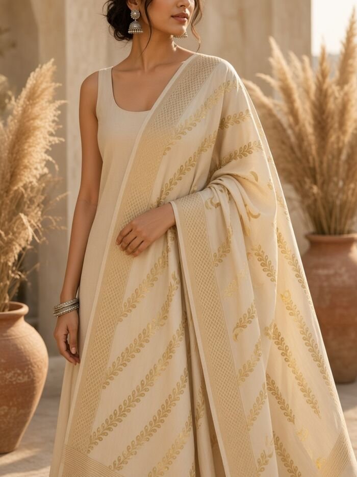 KashiFab Mustard Gold Banarasi Silk Dupatta on model - authentic Varanasi Banarasi silk dupatta boho drape