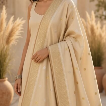 KashiFab Mustard Gold Banarasi Silk Dupatta on model - authentic Varanasi Banarasi silk dupatta boho drape