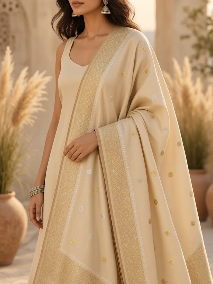 KashiFab Mustard Gold Banarasi Silk Dupatta on model - authentic Varanasi Banarasi silk dupatta boho drape