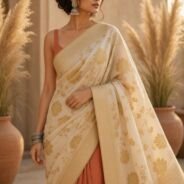 KashiFab Mustard Gold Banarasi Silk Dupatta on model - authentic Varanasi Banarasi silk dupatta boho drape