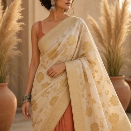 KashiFab Mustard Gold Banarasi Silk Dupatta on model - authentic Varanasi Banarasi silk dupatta boho drape
