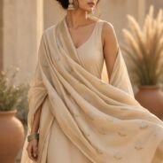 KashiFab Mustard Gold Banarasi Silk Dupatta on model - authentic Varanasi Banarasi silk dupatta boho drape
