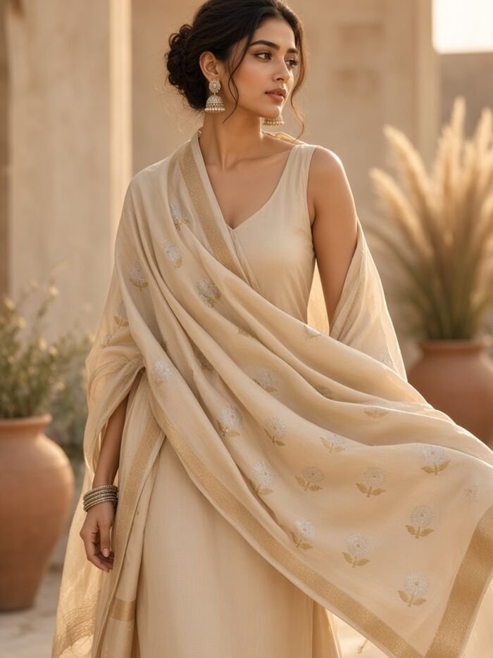 KashiFab Mustard Gold Banarasi Silk Dupatta on model - authentic Varanasi Banarasi silk dupatta boho drape