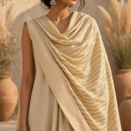 KashiFab Mustard Gold Banarasi Silk Dupatta on model - authentic Varanasi Banarasi silk dupatta boho drape