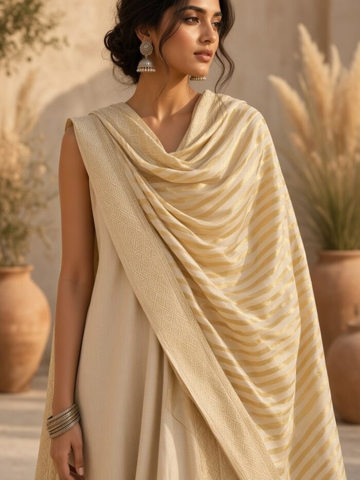 KashiFab Mustard Gold Banarasi Silk Dupatta on model - authentic Varanasi Banarasi silk dupatta boho drape