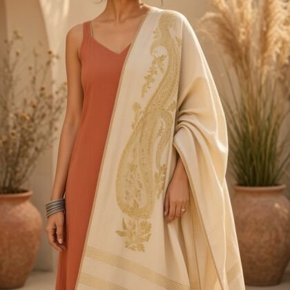 KashiFab Mustard Gold Banarasi Silk Dupatta on model - authentic Varanasi Banarasi silk dupatta boho drape