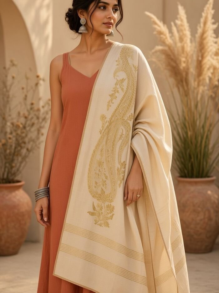 KashiFab Mustard Gold Banarasi Silk Dupatta on model - authentic Varanasi Banarasi silk dupatta boho drape