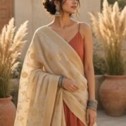 KashiFab Mustard Gold Banarasi Silk Dupatta on model - authentic Varanasi Banarasi silk dupatta boho drape