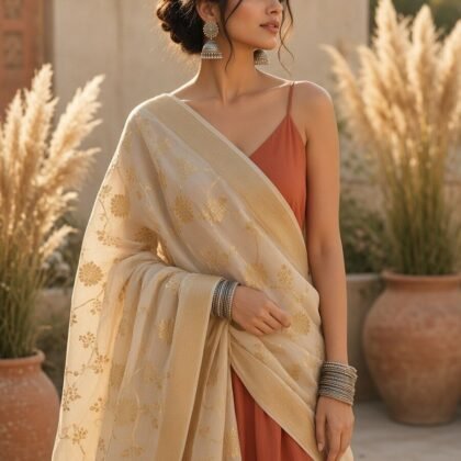KashiFab Mustard Gold Banarasi Silk Dupatta on model - authentic Varanasi Banarasi silk dupatta boho drape