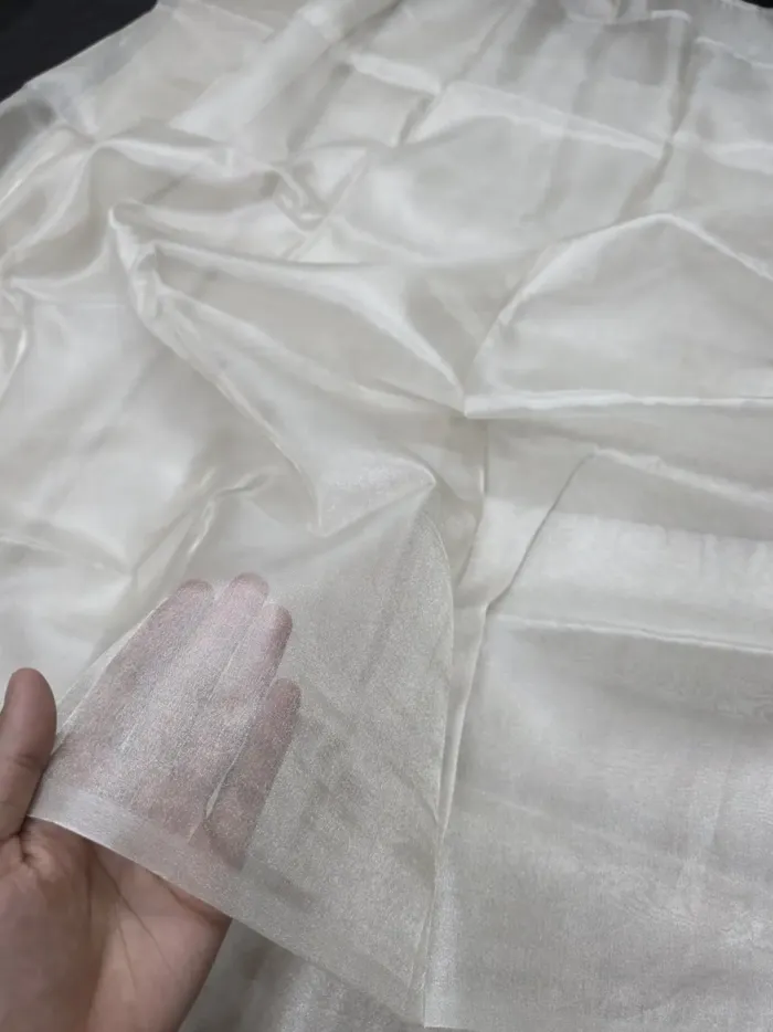Off-White Sheer Banarasi Tissue Silk Fabric - Metallic Zari Metre KashiFab Off-White Sheer Banarasi Tissue Silk Fabric - Metallic Zari Metre