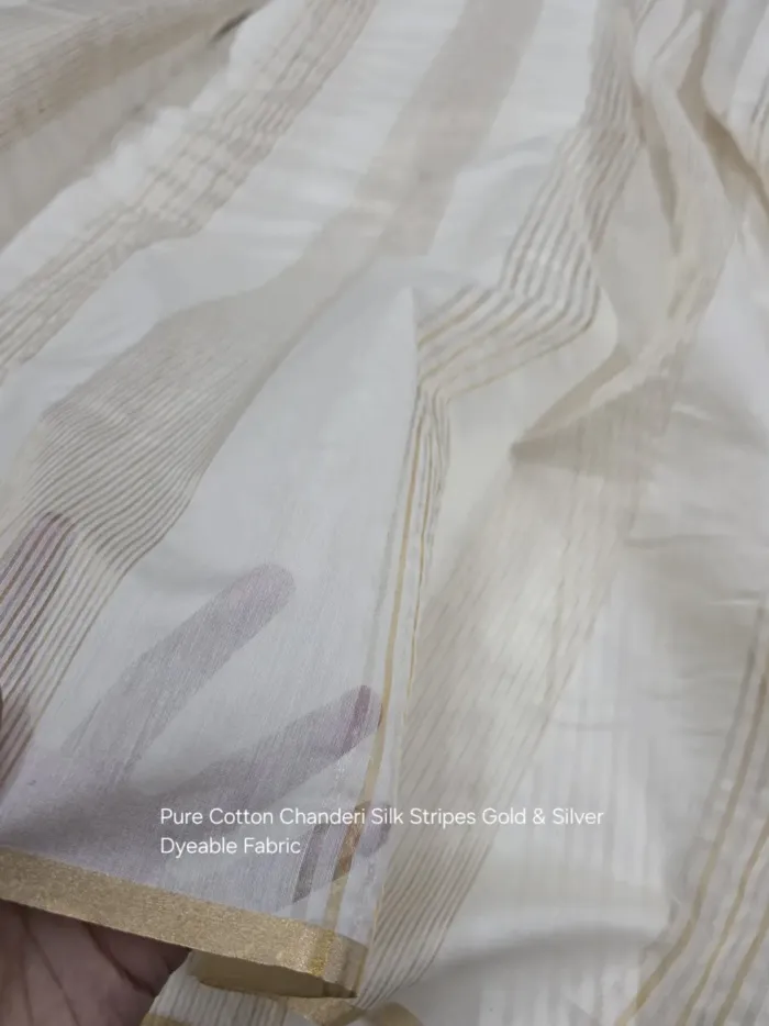 Gold Silver Stripe Chanderi Tissue Silk - Dyeable Banarasi Metre KashiFab Gold Silver Stripe Chanderi Tissue Silk - Dyeable Banarasi Metre