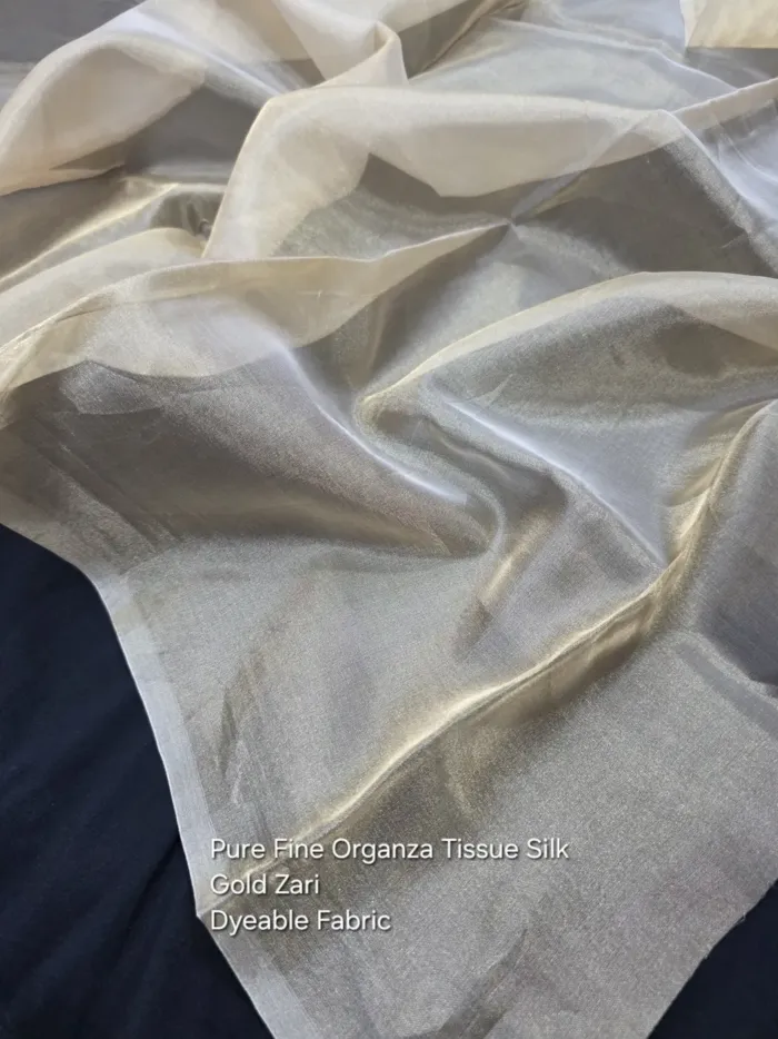 KashiFab Gold Organza Tissue Silk Fabric - Dyeable Banarasi Metallic Metre