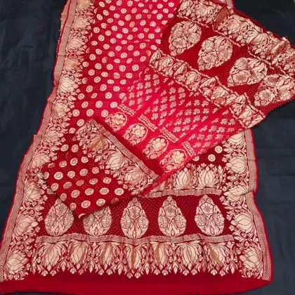 KashiFab CHO Royal Blue and Red Kalga Bandej Unstitched Lehenga red shade - bandej unstitched lehenga Varanasi wholesale