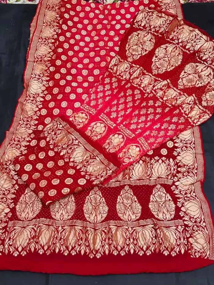KashiFab CHO Royal Blue and Red Kalga Bandej Unstitched Lehenga red KashiFab CHO Royal Blue and Red Kalga Bandej Unstitched Lehenga red shade - bandej unstitched lehenga Varanasi wholesale