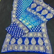 KashiFab CHO Royal Blue and Red Kalga Bandej Unstitched Lehenga royal blue - bandej unstitched lehenga Varanasi wholesale