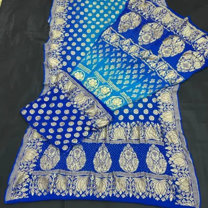 KashiFab CHO Royal Blue and Red Kalga Bandej Unstitched Lehenga royal blue - bandej unstitched lehenga Varanasi wholesale