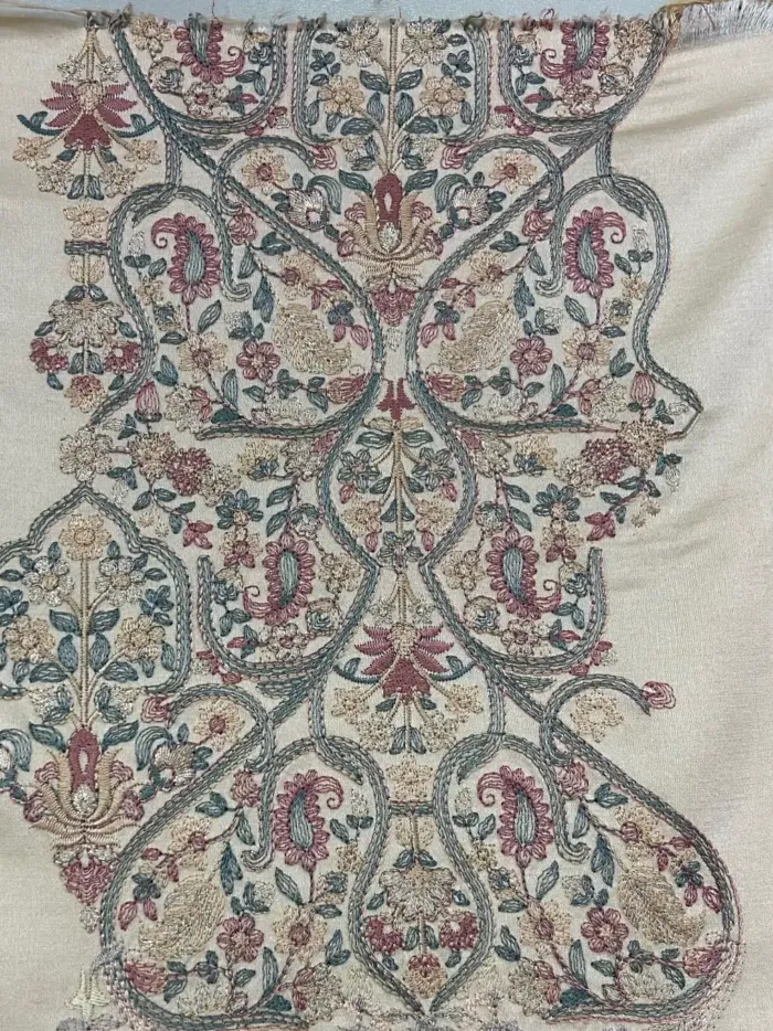 KashiFab CHO Ivory Teal Jaal Panel Embroidery - handloom embroidery fabric Varanasi wholesale
