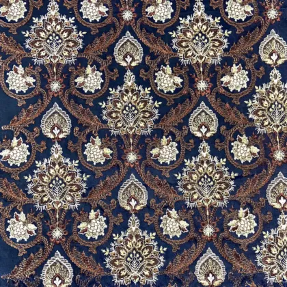 KashiFab CHO Navy Gold Palmette Embroidery - handloom embroidery fabric Varanasi wholesale