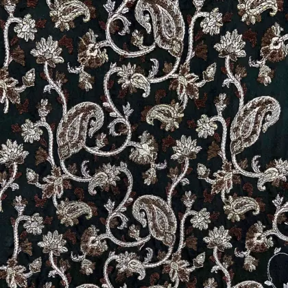 KashiFab CHO Black Silver Paisley Vine Embroidery - handloom embroidery fabric Varanasi wholesale