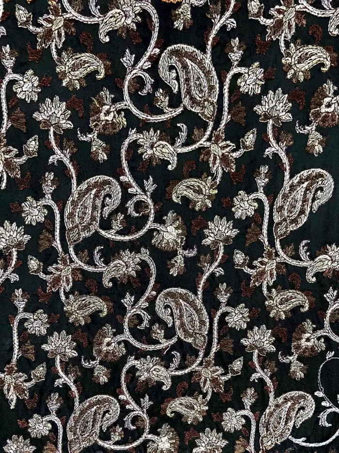KashiFab CHO Black Silver Paisley Vine Embroidery KashiFab CHO Black Silver Paisley Vine Embroidery - handloom embroidery fabric Varanasi wholesale