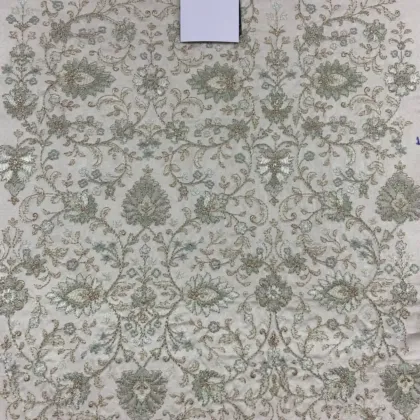 KashiFab CHO Ivory Silver Floral Vine Embroidery - handloom embroidery fabric Varanasi wholesale