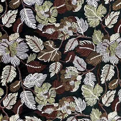 KashiFab CHO Black Cream Leaf Spray Embroidery - handloom embroidery fabric Varanasi wholesale
