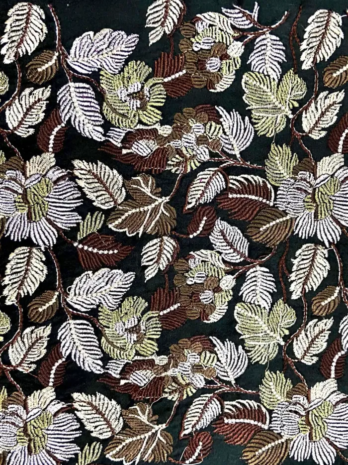 KashiFab CHO Black Cream Leaf Spray Embroidery - handloom embroidery fabric Varanasi wholesale