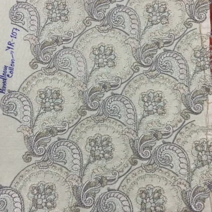 KashiFab CHO Ivory Grey Paisley Wave Embroidery - handloom embroidery fabric Varanasi wholesale