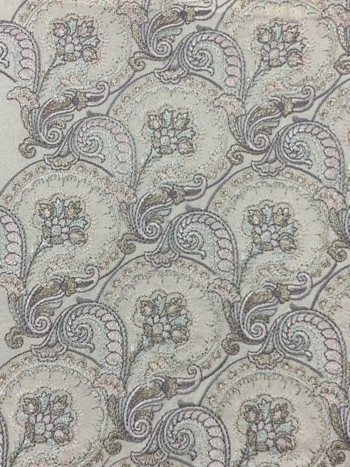 KashiFab CHO Ivory Grey Paisley Wave Embroidery - handloom embroidery fabric Varanasi wholesale