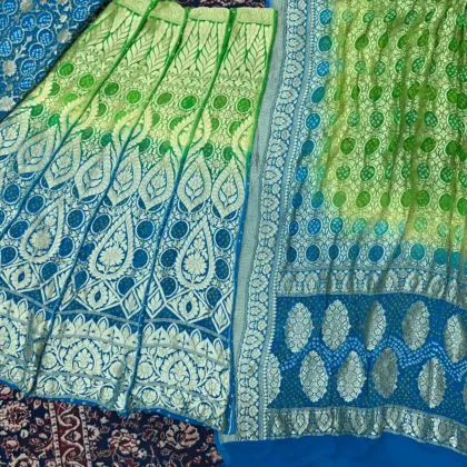 KashiFab CHO Mint and Lime Ombre Kalga Bandej Unstitched Lehenga lime to royal blue - bandej unstitched lehenga Varanasi wholesale