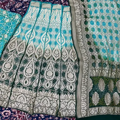 KashiFab CHO Mint and Lime Ombre Kalga Bandej Unstitched Lehenga mint to forest green - bandej unstitched lehenga Varanasi wholesale