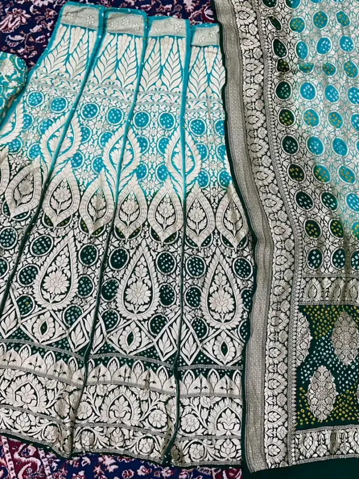 KashiFab CHO Mint and Lime Ombre Kalga Bandej Unstitched Lehenga mint to forest green - bandej unstitched lehenga Varanasi wholesale