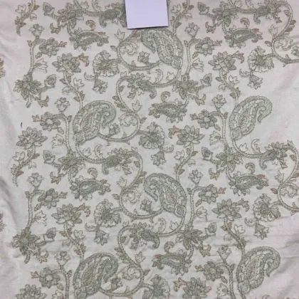 KashiFab CHO Ivory Sage Paisley Embroidery - handloom embroidery fabric Varanasi wholesale